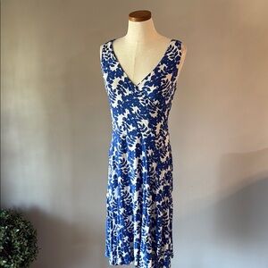 Boden rushed wrap dress Blue and White V-Neck Sleeveless Midi fit and flare 10